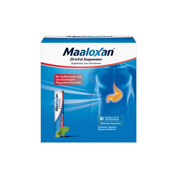 Maaloxan 25 mVal Suspension, Suspension zum Einnehmen, mit Algeldrat und Magnesiumhydroxid, bei Sodbrennen und säurebedingten Magenbeschwerden