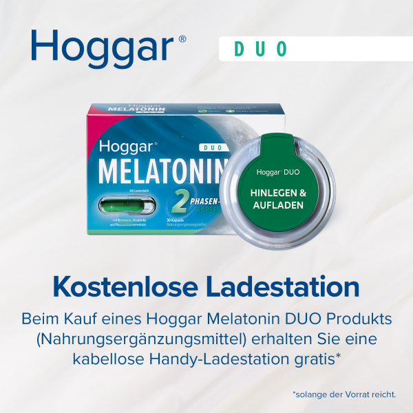 HOGGAR Melatonin DUO Einschlaf-Kapseln + Hoggar Duo induktive Handy Ladestation GRATIS