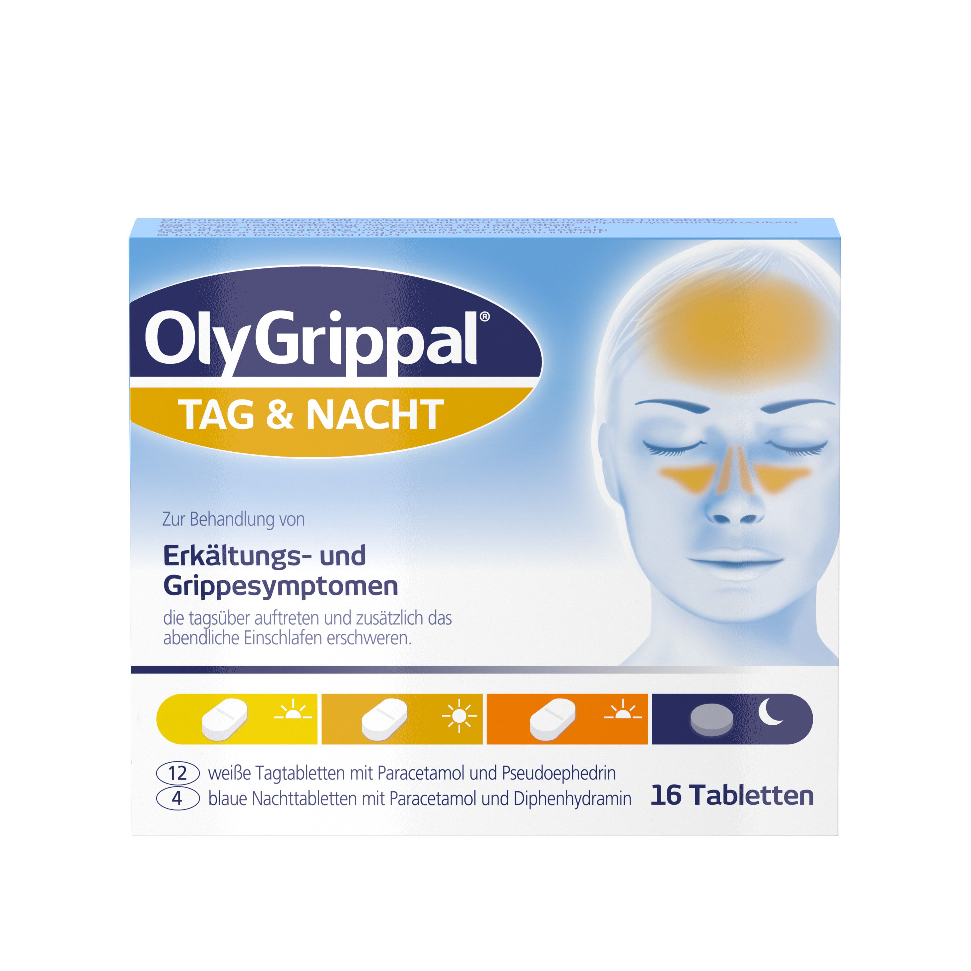 OLYGRIPPAL Tag & Nacht 500 mg/60 mg Tabletten für den Tag und die Nacht zur Behanldung von Erkältungs- und Grippesymptomen