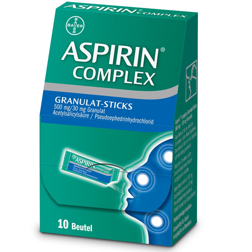 ASPIRIN Complex Granulat-Sticks wirkt abschwellend in Nase und Nebenhöhlen, bekämpft Erkältungsschmerzen und senkt das Fieber